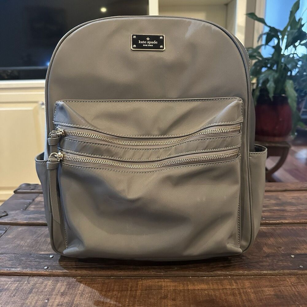 Kate Spade New York Gray Nylon Backpack Double Zip Pockets Travel Bag
